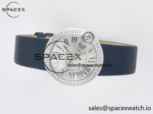 Ballon Blanc De Cartier 30mm SS DRF 1:1 Best Edition Silvered Texture Dial Diamonds Bezel on Blue Calfskin Strap Ronda Quartz - Image 7
