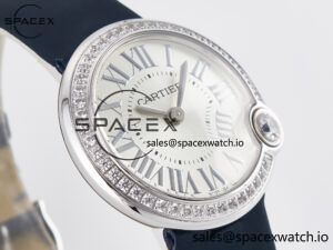 Ballon Blanc De Cartier 30mm SS DRF 1:1 Best Edition Silvered Texture Dial Diamonds Bezel on Blue Calfskin Strap Ronda Quartz - Image 3