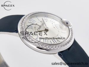 Ballon Blanc De Cartier 30mm SS DRF 1:1 Best Edition Silvered Texture Dial Diamonds Bezel on Blue Calfskin Strap Ronda Quartz - Image 6