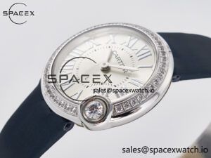 Ballon Blanc De Cartier 30mm SS DRF 1:1 Best Edition Silvered Texture Dial Diamonds Bezel on Blue Calfskin Strap Ronda Quartz - Image 5