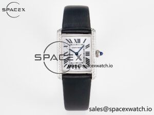 Tank Must Large SS 33.7mm DRF 1:1 Best Edition White Dial Diamonds Bezel on Black Calfskin Strap Swiss Quartz