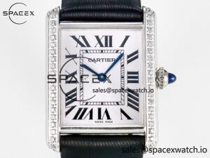 Tank Must Large SS 33.7mm DRF 1:1 Best Edition White Dial Diamonds Bezel on Black Calfskin Strap Swiss Quartz - Image 2