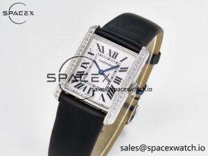 Tank Must Large SS 33.7mm DRF 1:1 Best Edition White Dial Diamonds Bezel on Black Calfskin Strap Swiss Quartz - Image 4