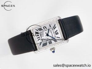 Tank Must Large SS 33.7mm DRF 1:1 Best Edition White Dial Diamonds Bezel on Black Calfskin Strap Swiss Quartz - Image 8