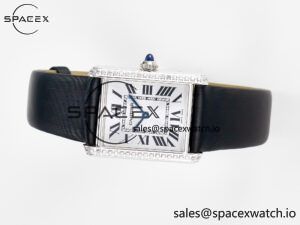 Tank Must Large SS 33.7mm DRF 1:1 Best Edition White Dial Diamonds Bezel on Black Calfskin Strap Swiss Quartz - Image 7