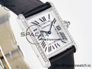 Tank Must Large SS 33.7mm DRF 1:1 Best Edition White Dial Diamonds Bezel on Black Calfskin Strap Swiss Quartz - Image 3