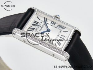 Tank Must Large SS 33.7mm DRF 1:1 Best Edition White Dial Diamonds Bezel on Black Calfskin Strap Swiss Quartz - Image 6