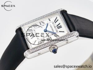 Tank Must Large SS 33.7mm DRF 1:1 Best Edition White Dial Diamonds Bezel on Black Calfskin Strap Swiss Quartz - Image 5