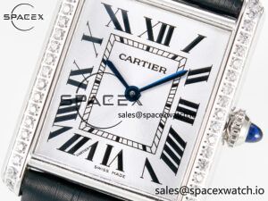 Tank Must Large SS 33.7mm DRF 1:1 Best Edition White Dial Diamonds Bezel on Black Calfskin Strap Swiss Quartz - Image 9