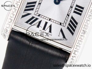 Tank Must Large SS 33.7mm DRF 1:1 Best Edition White Dial Diamonds Bezel on Black Calfskin Strap Swiss Quartz - Image 10