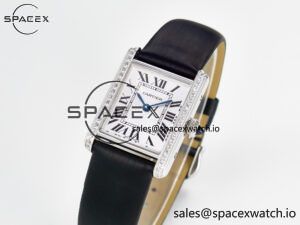 Tank Must Small SS 29mm DRF 1:1 Best Edition White Dial Diamonds Bezel on Black Calfskin Strap Swiss Quartz - Image 4