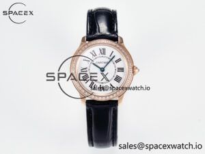 Ronde Louis Cartier 29mm RG DRF 1:1 Best Edition Sandblasted Beige Dial Diamonds Bezel on Black Leather Strap Ronda Quartz