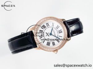 Ronde Louis Cartier 29mm RG DRF 1:1 Best Edition Sandblasted Beige Dial Diamonds Bezel on Black Leather Strap Ronda Quartz - Image 8