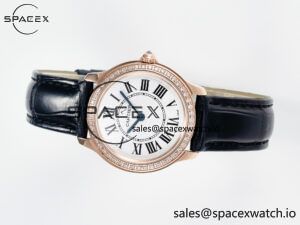 Ronde Louis Cartier 29mm RG DRF 1:1 Best Edition Sandblasted Beige Dial Diamonds Bezel on Black Leather Strap Ronda Quartz - Image 7