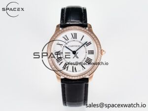Ronde Louis Cartier 36mm RG DRF 1:1 Best Edition Sandblasted Beige Dial Diamonds Bezel on Black Leather Strap Ronda Quartz