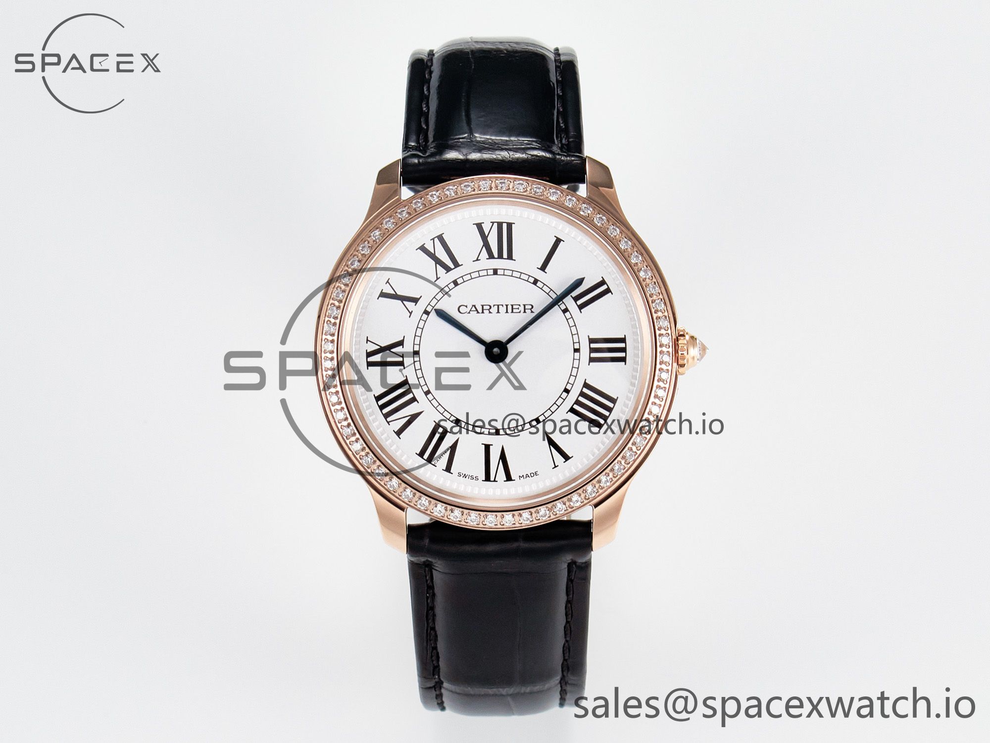 IMG_4249 拷贝 Ronde Louis Cartier 36mm RG DRF 1:1 Best Edition Sandblasted Beige Dial Diamonds Bezel on Black Leather Strap Ronda Quartz - Image 1