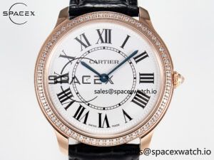 Ronde Louis Cartier 36mm RG DRF 1:1 Best Edition Sandblasted Beige Dial Diamonds Bezel on Black Leather Strap Ronda Quartz - Image 2