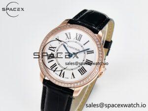 Ronde Louis Cartier 36mm RG DRF 1:1 Best Edition Sandblasted Beige Dial Diamonds Bezel on Black Leather Strap Ronda Quartz - Image 4