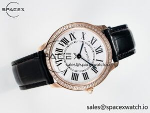 Ronde Louis Cartier 36mm RG DRF 1:1 Best Edition Sandblasted Beige Dial Diamonds Bezel on Black Leather Strap Ronda Quartz - Image 8