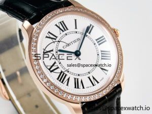 Ronde Louis Cartier 36mm RG DRF 1:1 Best Edition Sandblasted Beige Dial Diamonds Bezel on Black Leather Strap Ronda Quartz - Image 3