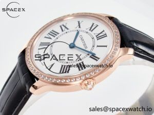 Ronde Louis Cartier 36mm RG DRF 1:1 Best Edition Sandblasted Beige Dial Diamonds Bezel on Black Leather Strap Ronda Quartz - Image 5