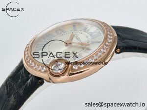 Ballon Blanc De Cartier 30mm RG DRF 1:1 Best Edition Silvered Texture Dial Diamonds Bezel on Black Leather Strap Ronda Quartz - Image 5