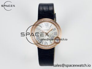 Ballon Blanc De Cartier 30mm RG DRF 1:1 Best Edition Silvered Texture Dial Diamonds Bezel on Black Leather Strap Ronda Quartz