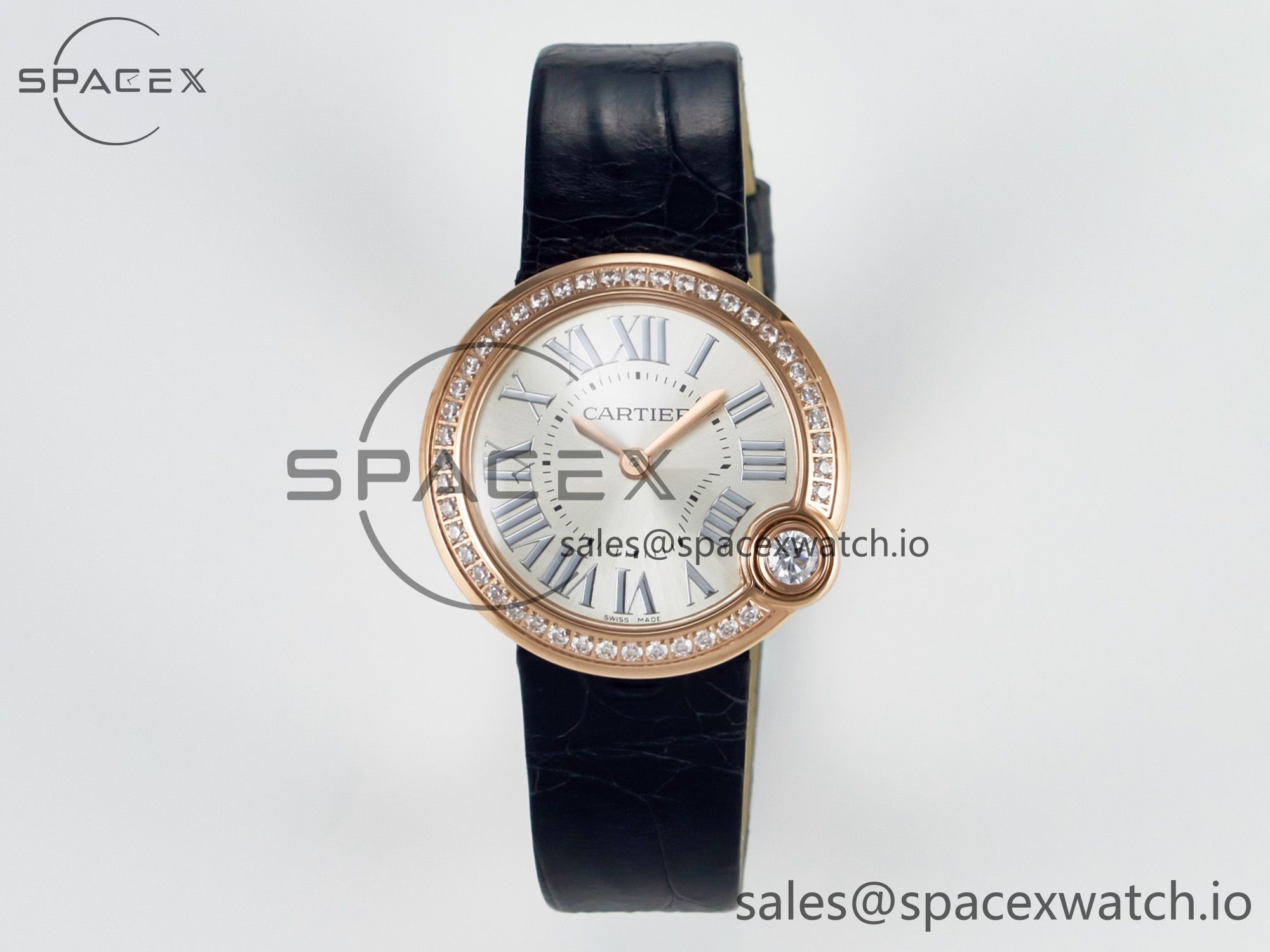 IMG_4405 拷贝 Ballon Blanc De Cartier 30mm RG DRF 1:1 Best Edition Silvered Texture Dial Diamonds Bezel on Black Leather Strap Ronda Quartz - Image 1