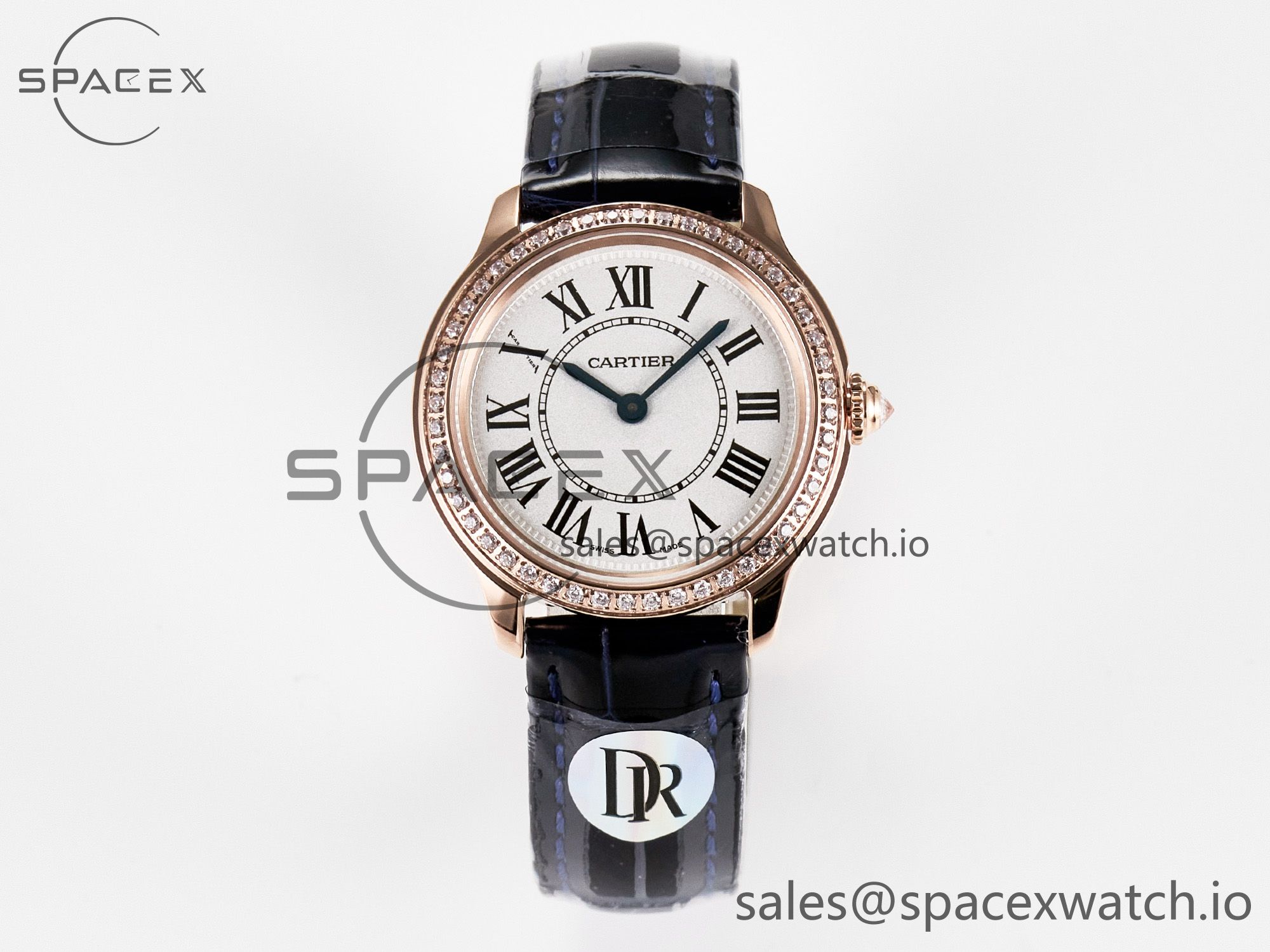 IMG_7666 拷贝 Ronde Louis Cartier 29mm RG DRF 1:1 Best Edition Sandblasted Beige Dial Diamonds Bezel on Blue Leather Strap Ronda Quartz - Image 1