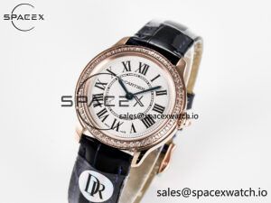 Ronde Louis Cartier 29mm RG DRF 1:1 Best Edition Sandblasted Beige Dial Diamonds Bezel on Blue Leather Strap Ronda Quartz - Image 4