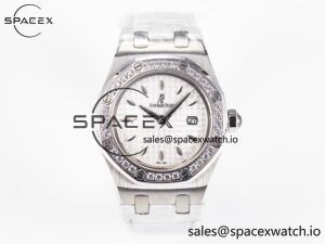 Royal Oak Offshore Ladies 33mm SS DRF Best Edition White Dial Diamonds Bezel on White Rubber Strap ETA Quartz