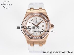 Royal Oak Offshore Ladies 33mm RG DRF Best Edition White Dial Diamonds Bezel on White Rubber Strap ETA Quartz