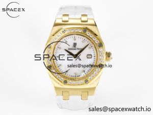 Royal Oak Ladies 33mm YG DRF Best Edition MOP Dial Diamonds Bezel on White Rubber Strap ETA Quartz
