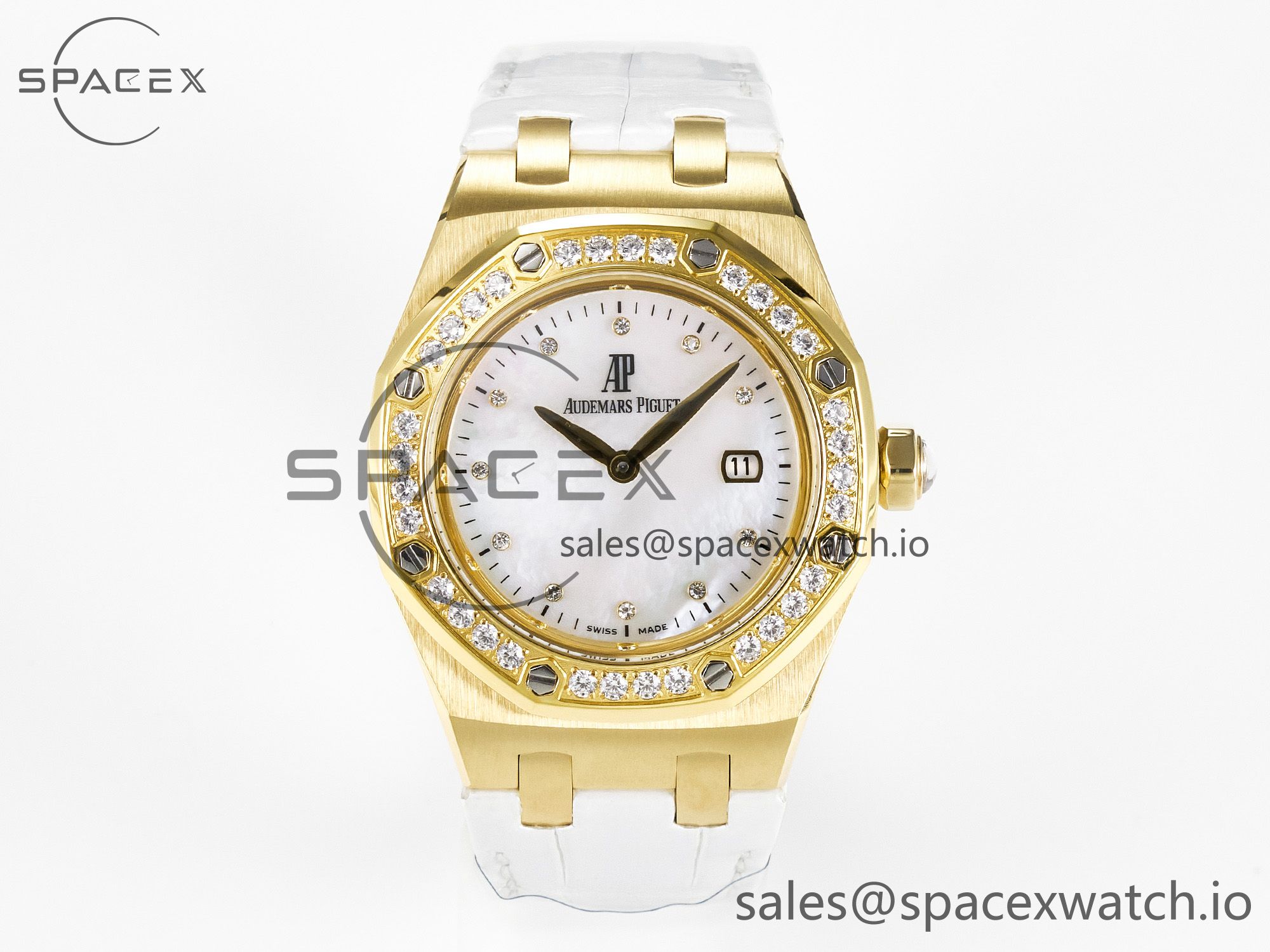 IMG_8180 拷贝 Royal Oak Ladies 33mm YG DRF Best Edition MOP Dial Diamonds Bezel on White Rubber Strap ETA Quartz - Image 1