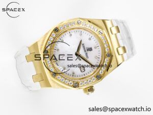 Royal Oak Ladies 33mm YG DRF Best Edition MOP Dial Diamonds Bezel on White Rubber Strap ETA Quartz - Image 8