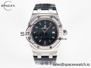 1Royal Oak Offshore Ladies 33mm SS DRF Best Edition Black Dial Diamonds Bezel on Black Leather Strap ETA Quartz