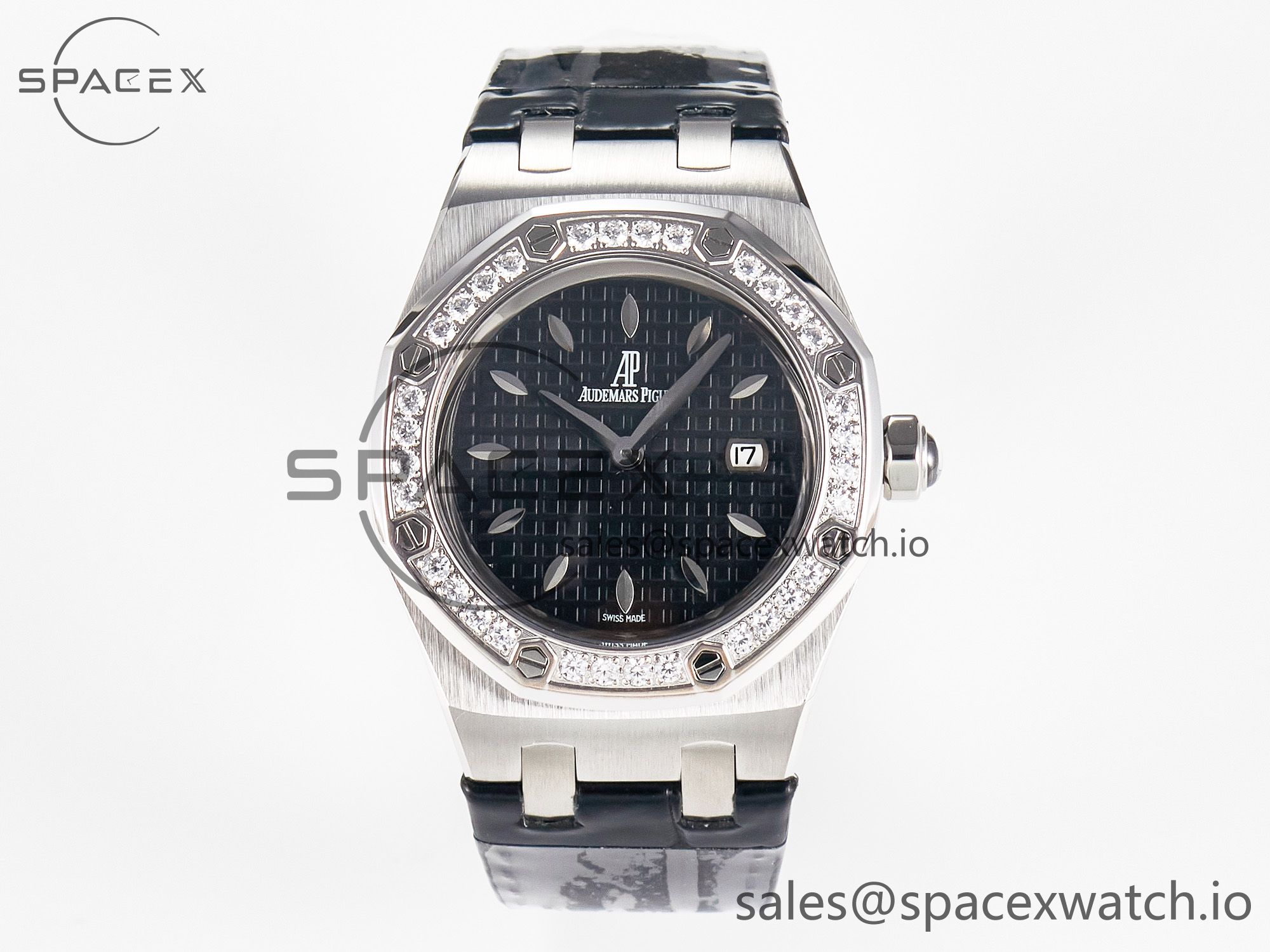 IMG_8201 拷贝 1Royal Oak Offshore Ladies 33mm SS DRF Best Edition Black Dial Diamonds Bezel on Black Leather Strap ETA Quartz - Image 1