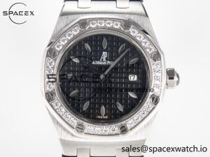 1Royal Oak Offshore Ladies 33mm SS DRF Best Edition Black Dial Diamonds Bezel on Black Leather Strap ETA Quartz - Image 2