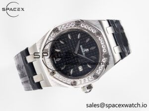 1Royal Oak Offshore Ladies 33mm SS DRF Best Edition Black Dial Diamonds Bezel on Black Leather Strap ETA Quartz - Image 8