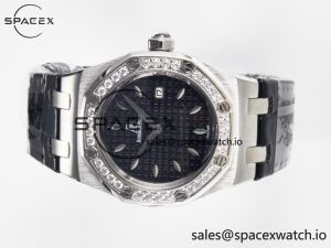1Royal Oak Offshore Ladies 33mm SS DRF Best Edition Black Dial Diamonds Bezel on Black Leather Strap ETA Quartz - Image 7