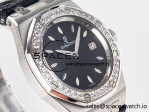 1Royal Oak Offshore Ladies 33mm SS DRF Best Edition Black Dial Diamonds Bezel on Black Leather Strap ETA Quartz - Image 3