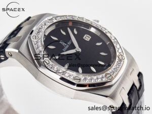 1Royal Oak Offshore Ladies 33mm SS DRF Best Edition Black Dial Diamonds Bezel on Black Leather Strap ETA Quartz - Image 6