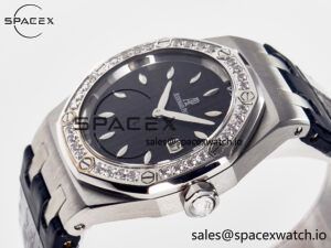 1Royal Oak Offshore Ladies 33mm SS DRF Best Edition Black Dial Diamonds Bezel on Black Leather Strap ETA Quartz - Image 5