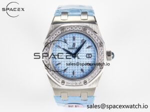 Royal Oak Offshore Ladies 33mm SS DRF Best Edition Blue Dial Diamonds Bezel on Blue Leather Strap ETA Quartz