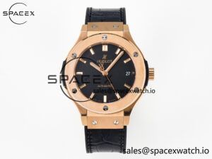 Classic Fusion 38mm RG JJF 1:1 Best Edition Black Dial on Black Gummy Leather Strap