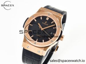 Classic Fusion 42mm RG JJF 1:1 Best Edition Black Dial on Black Gummy Leather Strap - Image 4