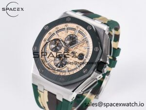 Royal Oak Offshore 44mm SS TKF 1:1 Best Edition Cream Dial on Green Camou Rubber Strap A3126 - Image 4