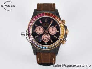 Daytona DIW Carbon Case DIWF Edition Black Dial Rainbow Diamonds Bezel on Brown Nylon Strap A7750