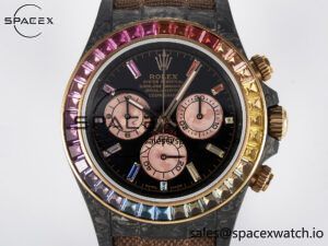 Daytona DIW Carbon Case DIWF Edition Black Dial Rainbow Diamonds Bezel on Brown Nylon Strap A7750 - Image 2