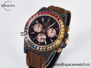 Daytona DIW Carbon Case DIWF Edition Black Dial Rainbow Diamonds Bezel on Brown Nylon Strap A7750 - Image 4